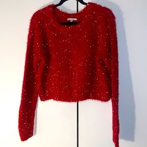 Ivory rose (EUC) fuzzy red and gold crop sweater for women. Size M.
